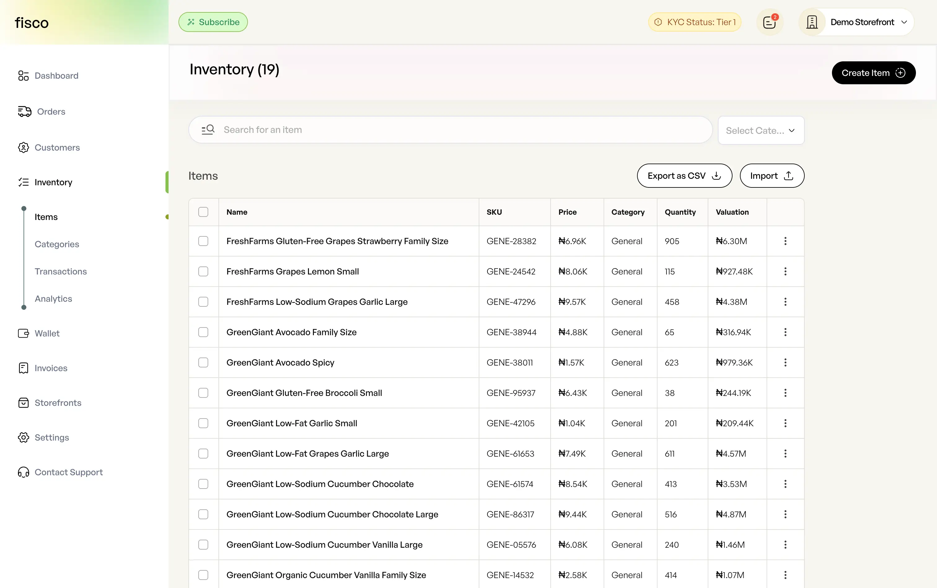 Fisco inventory dashboard showing real-time stock levels
